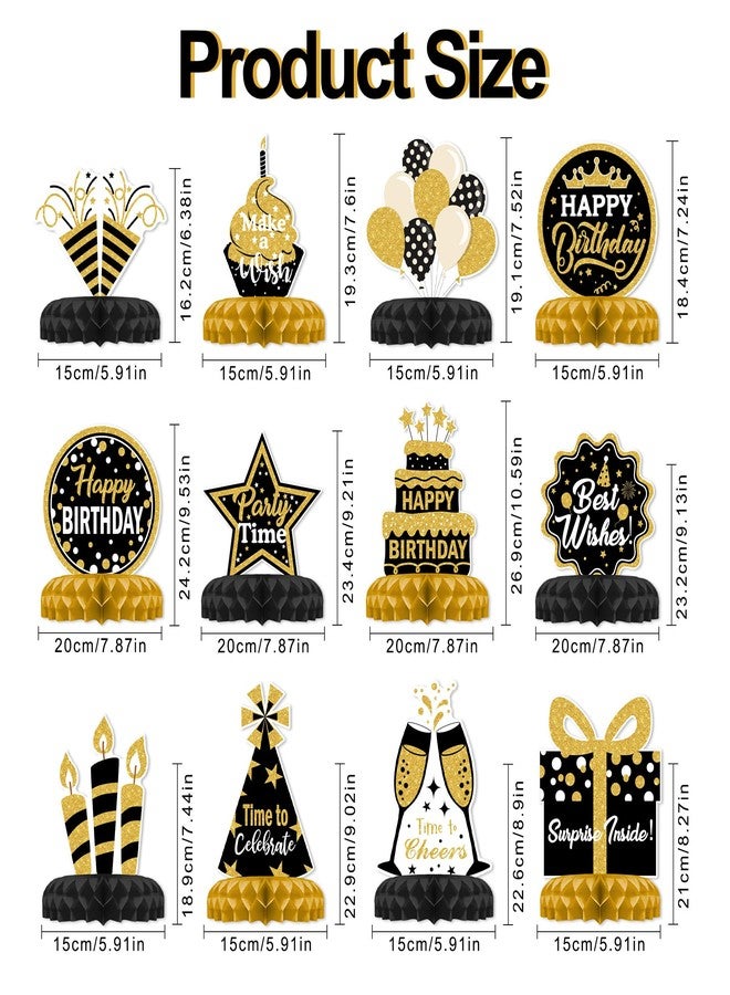 TMTECHJS 12 Pcs Birthday Table Decorations Glitter Black and Gold Birthday Decorations Honeycomb Centerpieces for Table Decor Girls Boys Women Men Party Supplies - Image 2